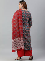 Thumbnail for Janasya XL LOVE by Janasya Women's Plus Size Grey Cotton Kurta With Palazzo and Dupatta - Distacart