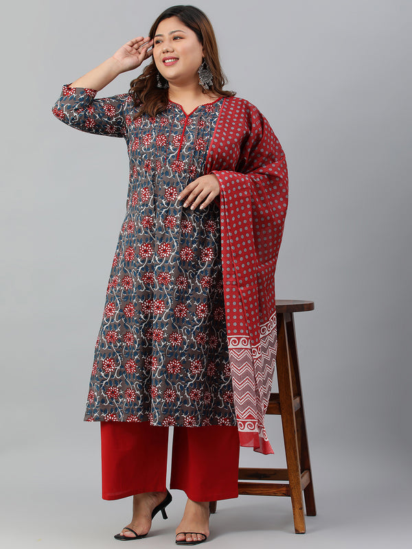Janasya XL LOVE by Janasya Women's Plus Size Grey Cotton Kurta With Palazzo and Dupatta - Distacart
