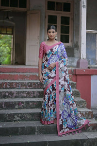 Thumbnail for Vishnu Weaves Women's Coffee Cotton Silk Printed Saree with Blouse - Distacart