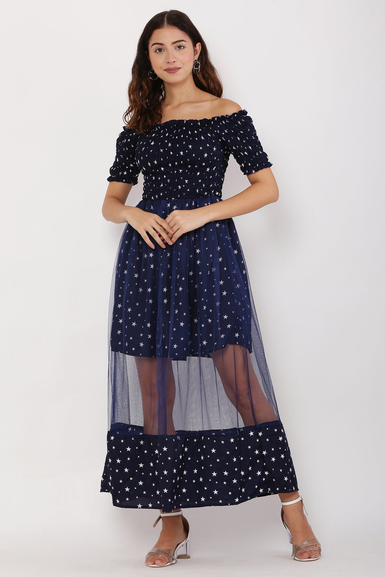 PAVONINE Navy Blue Color Star Dot Net Kansai Dress For Women - Distacart