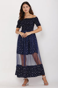 Thumbnail for PAVONINE Navy Blue Color Star Dot Net Kansai Dress For Women - Distacart