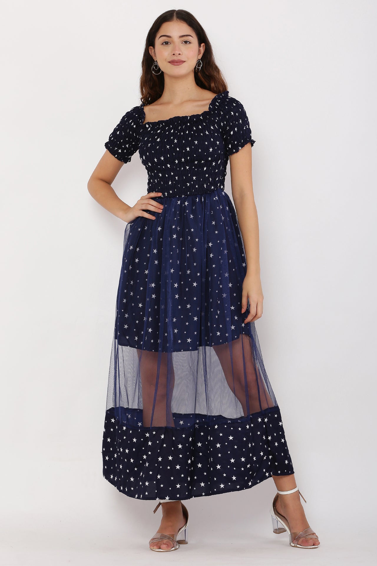 PAVONINE Navy Blue Color Star Dot Net Kansai Dress For Women - Distacart