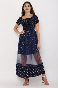 Thumbnail for PAVONINE Navy Blue Color Star Dot Net Kansai Dress For Women - Distacart