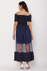 Thumbnail for PAVONINE Navy Blue Color Star Dot Net Kansai Dress For Women - Distacart