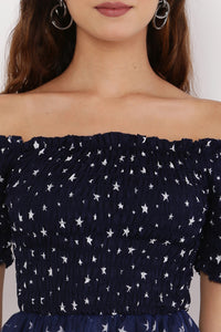Thumbnail for PAVONINE Navy Blue Color Star Dot Net Kansai Dress For Women - Distacart