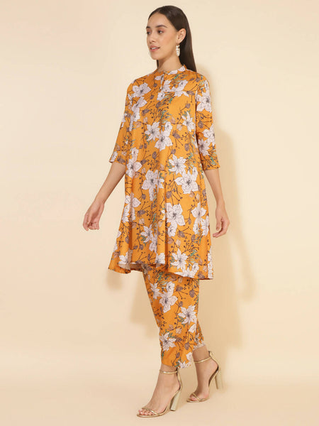 Janasya Women's Mustard Moss Digital Floral Printed Casual A-line Co-ords - Distacart