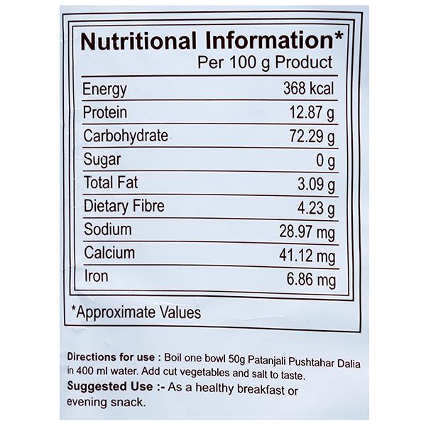Patanjali Pushtahar Dalia Nutritional Information