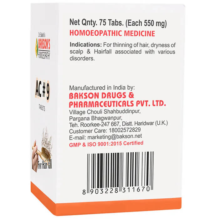 Bakson's Homeopathy AC#9 Tablets - Distacart