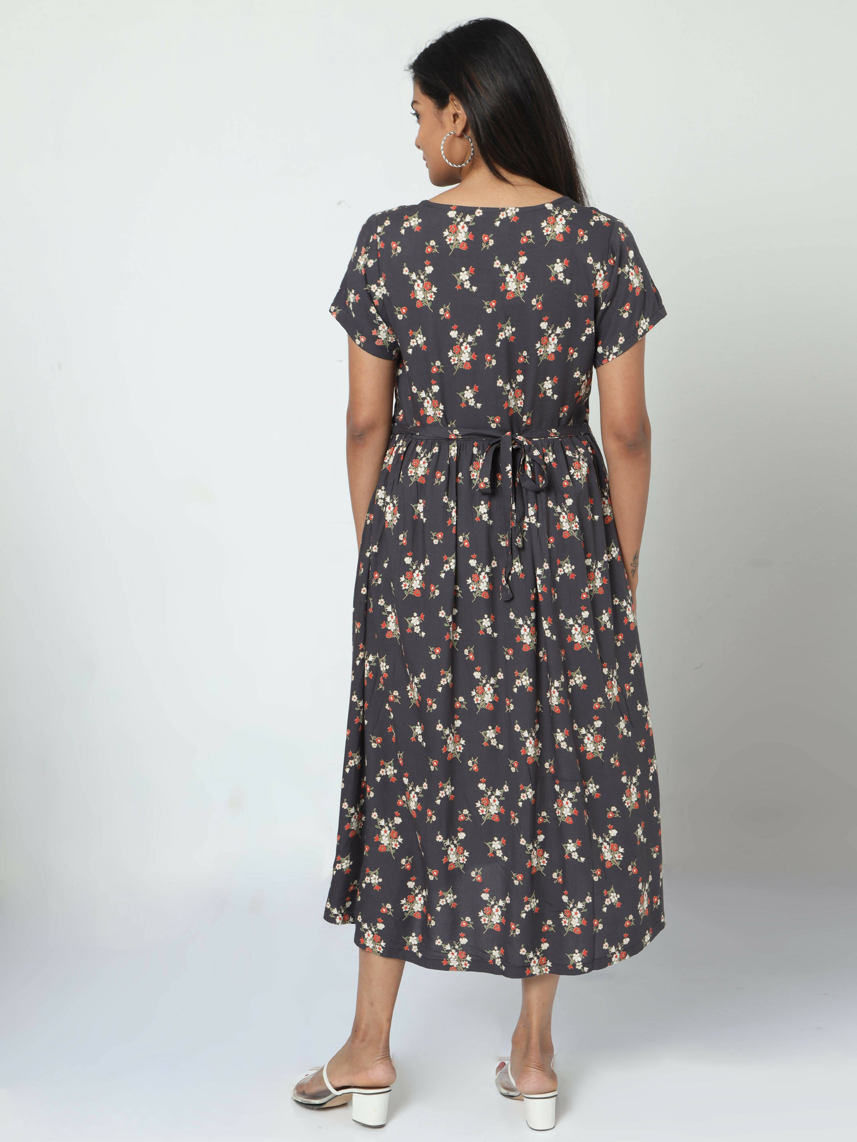 Manet Short Sleeves Maternity Dress Floral Print With Concealed Zipper Nursing Access - Navy Blue - Distacart