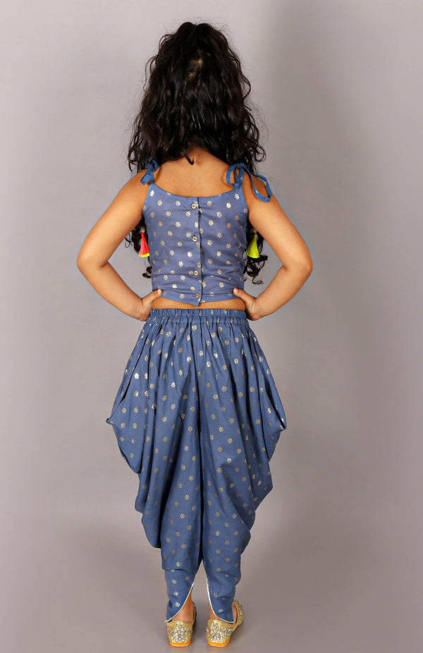 Lil Drama Fusion Fair Girls Blue Crop Top With Dhoti Co-Ordinate Set - Distacart