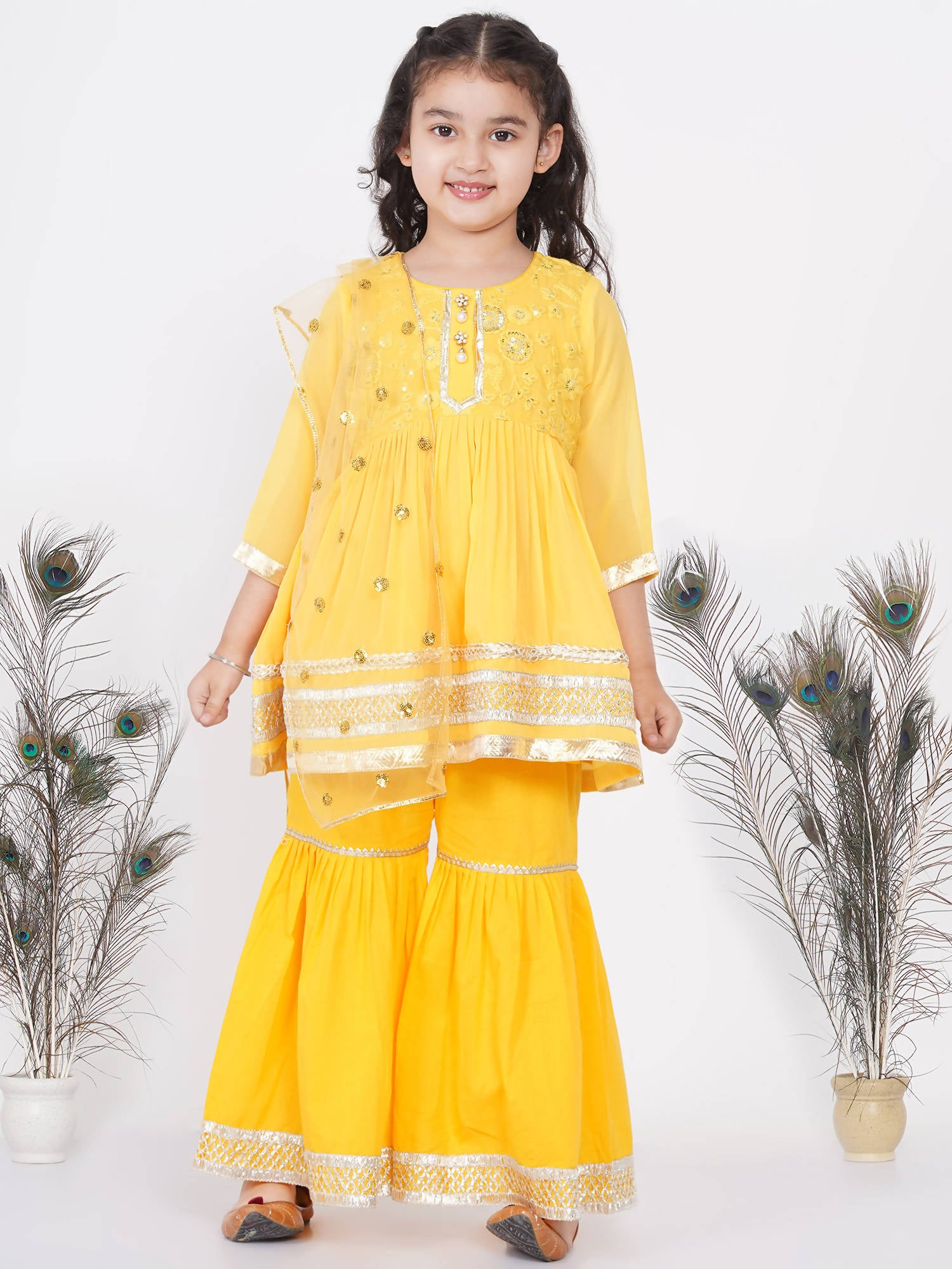 Little Bansi Cotton Gotta Patti Kurta frock with Sharara & Dupatta - Yellow - Distacart