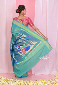 Thumbnail for Very Much Indian Handloom Pure Cotton Paithani -Turquoise Blue - Distacart