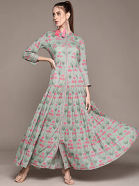 Thumbnail for Ritu Kumar Grey & Green Floral Ethnic Maxi Dress - Distacart
