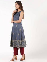 Thumbnail for Aniyah Rayon Block Print Flared Grey Kurta (AN-150K)