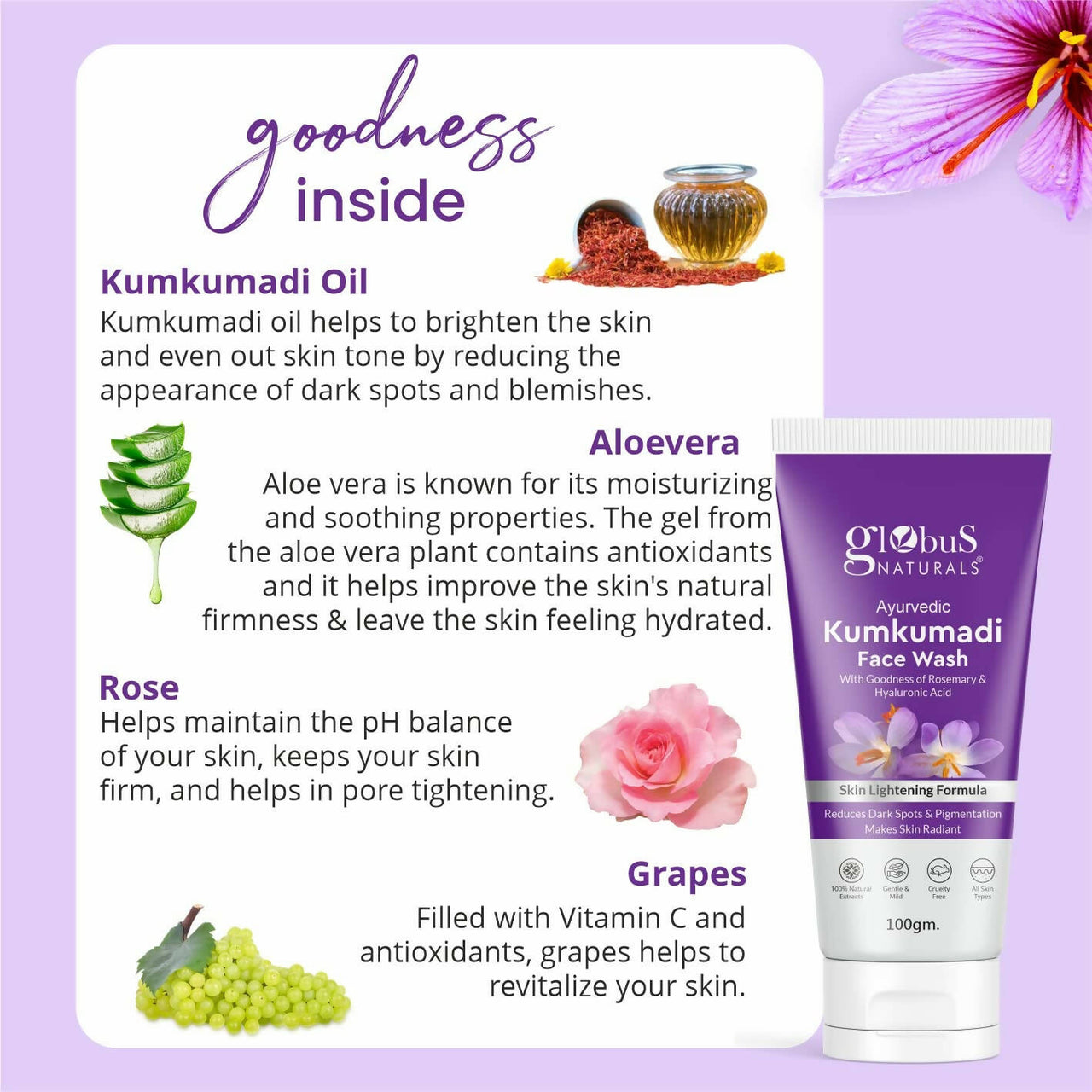 Globus Naturals Ayurvedic Kumkumadi Skin Lightening Face Wash - Distacart