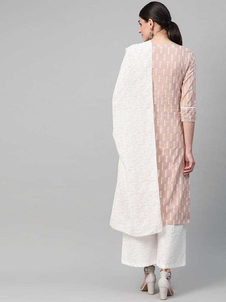 Yufta Women Mauve & White Printed Kurta with Palazzo & Dupatta