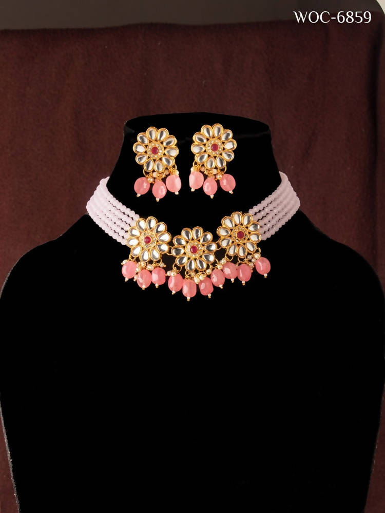 Mominos Fashion Johar Kamal Women's Pink Beads Pearls Gold-Plated Jewellery Set