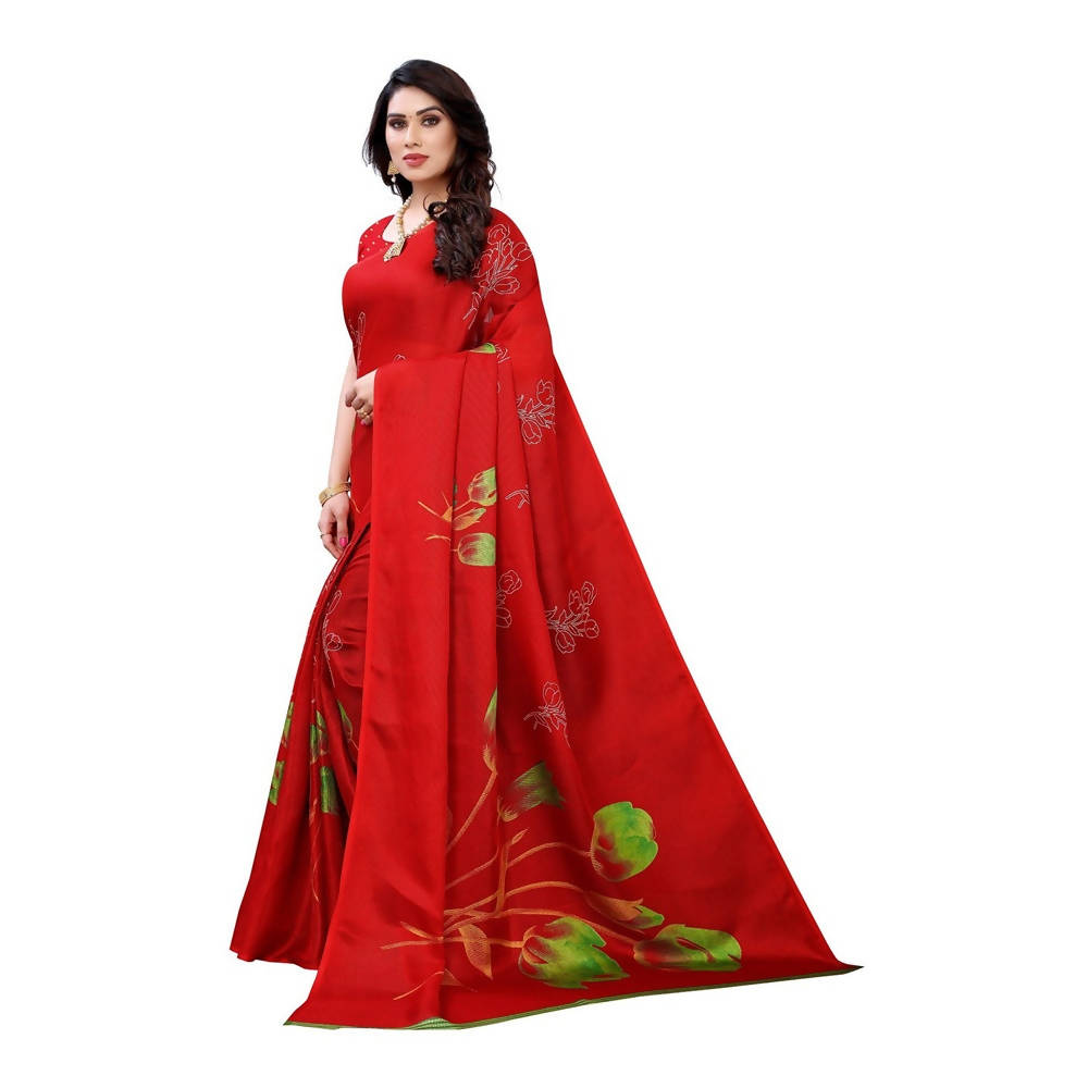 Printed Jute Silk Red Saree