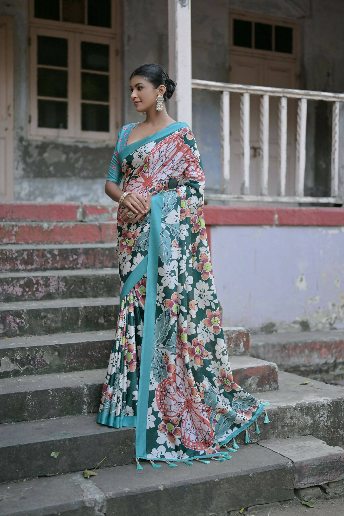 Vishnu Weaves Women's Green Cotton Silk Printed Saree with Blouse - Distacart