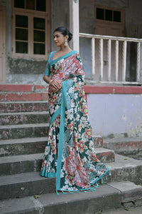 Thumbnail for Vishnu Weaves Women's Green Cotton Silk Printed Saree with Blouse - Distacart