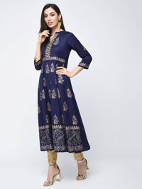 Thumbnail for Aniyah Rayon Block Printed Anarkali Blue Kurta (AN-116K)