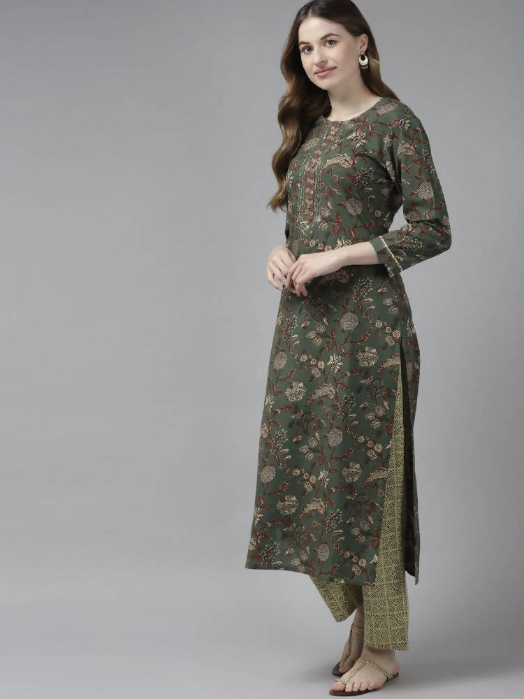 Yufta Women Green and Beige Floral Print Pure Cotton Kurta with Palazzo and Dupatta
