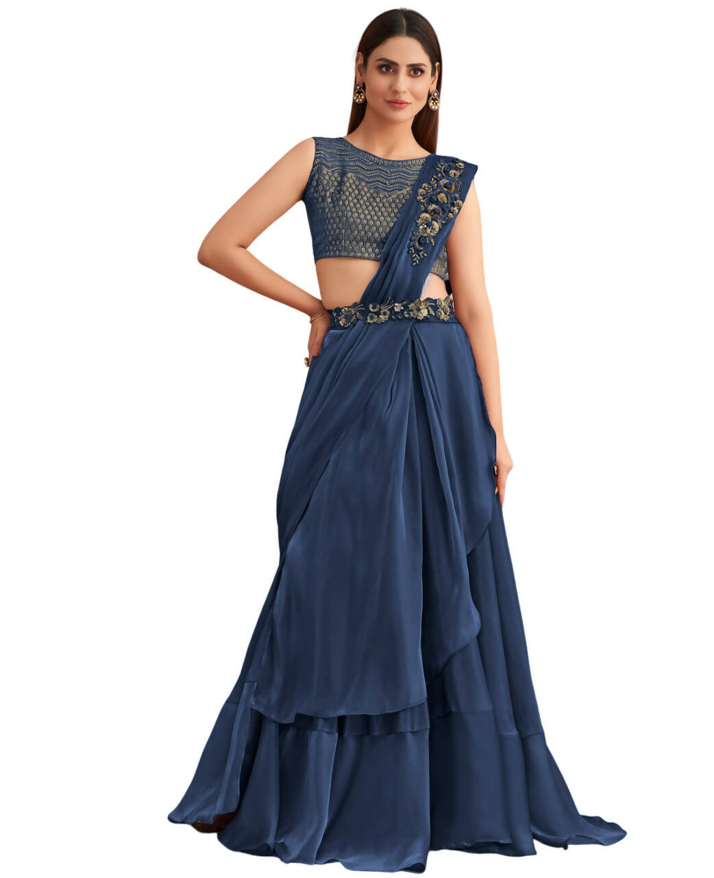 Navy Blue Satin Embroidered Ready To Wear Saree With Unstitched Blouse Piece - Nandika - Distacart