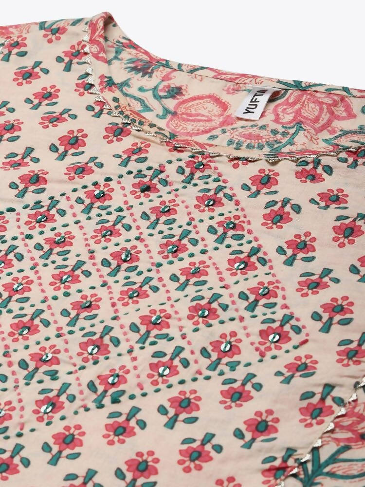 Yufta Pink Ethnic Motifs Printed Regular Pure Cotton Kurta with Trouser & Dupatta