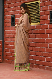 Thumbnail for Very Much Indian Pure Cotton Handloom Saree With Intricate Borders - Beige - Distacart