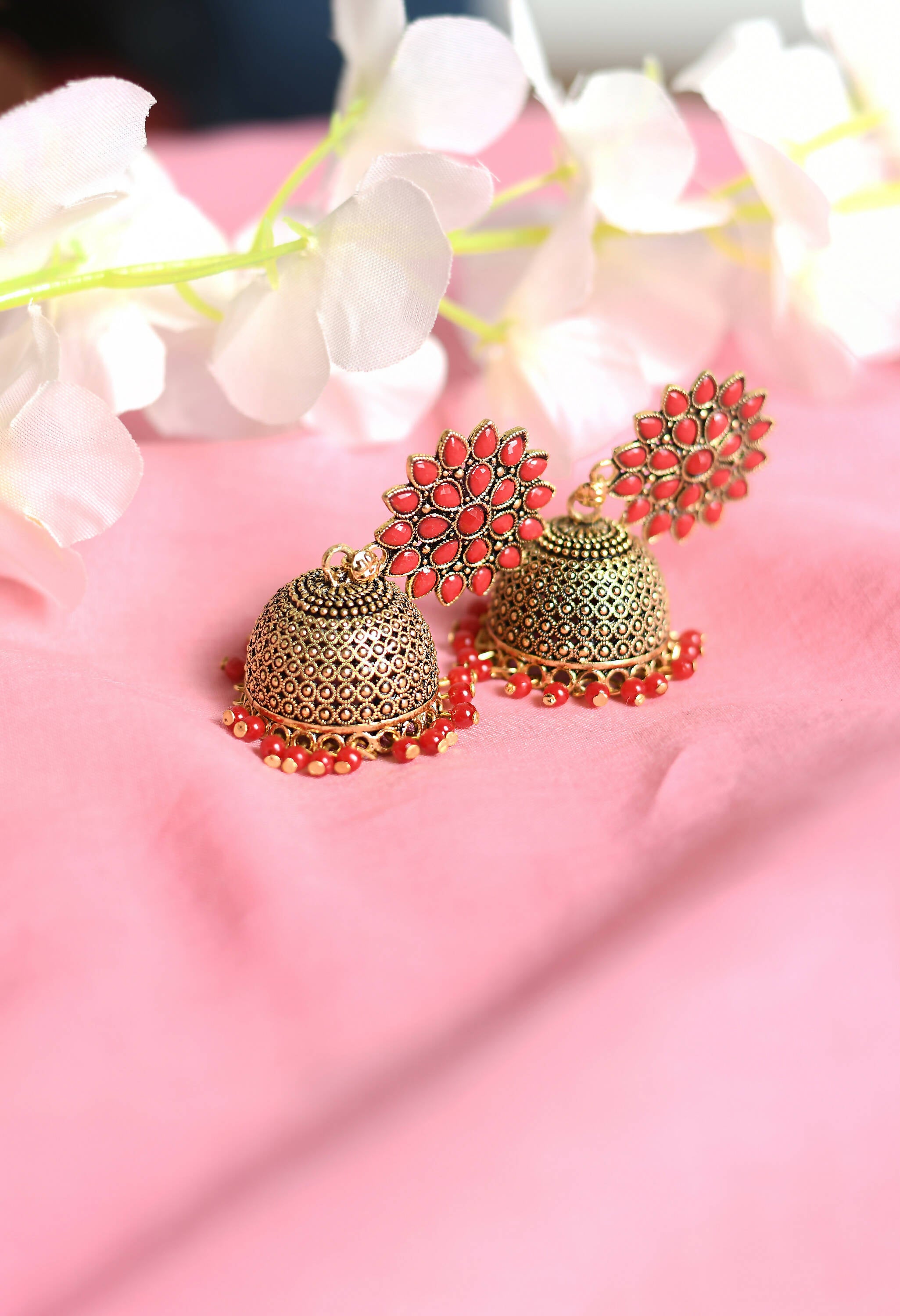 Mominos Fashion Joharkamal Kundan work Jhumka with Red Beads - Distacart