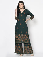 Thumbnail for Aniyah Rayon Bottle Green Color Block Print Flared Slip-On Palazzo (AN-219K)