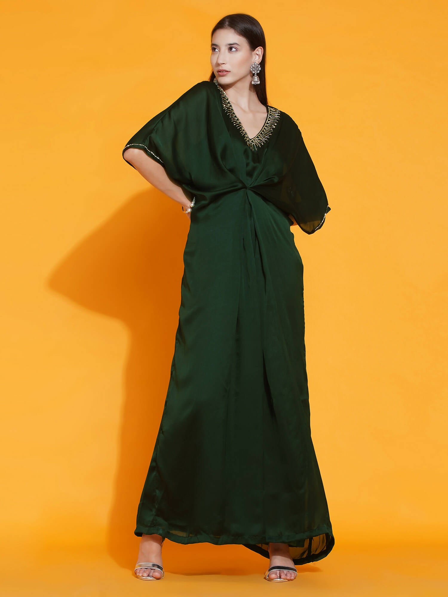 Women Republic Green Georgette Hand Embellished Kaftan Style Gown - Distacart