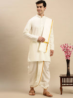 Thumbnail for Ramraj Cotton Premium Wedding Cream Readymade Panchakacham,Kurta & Towel Set RP Jari - Distacart