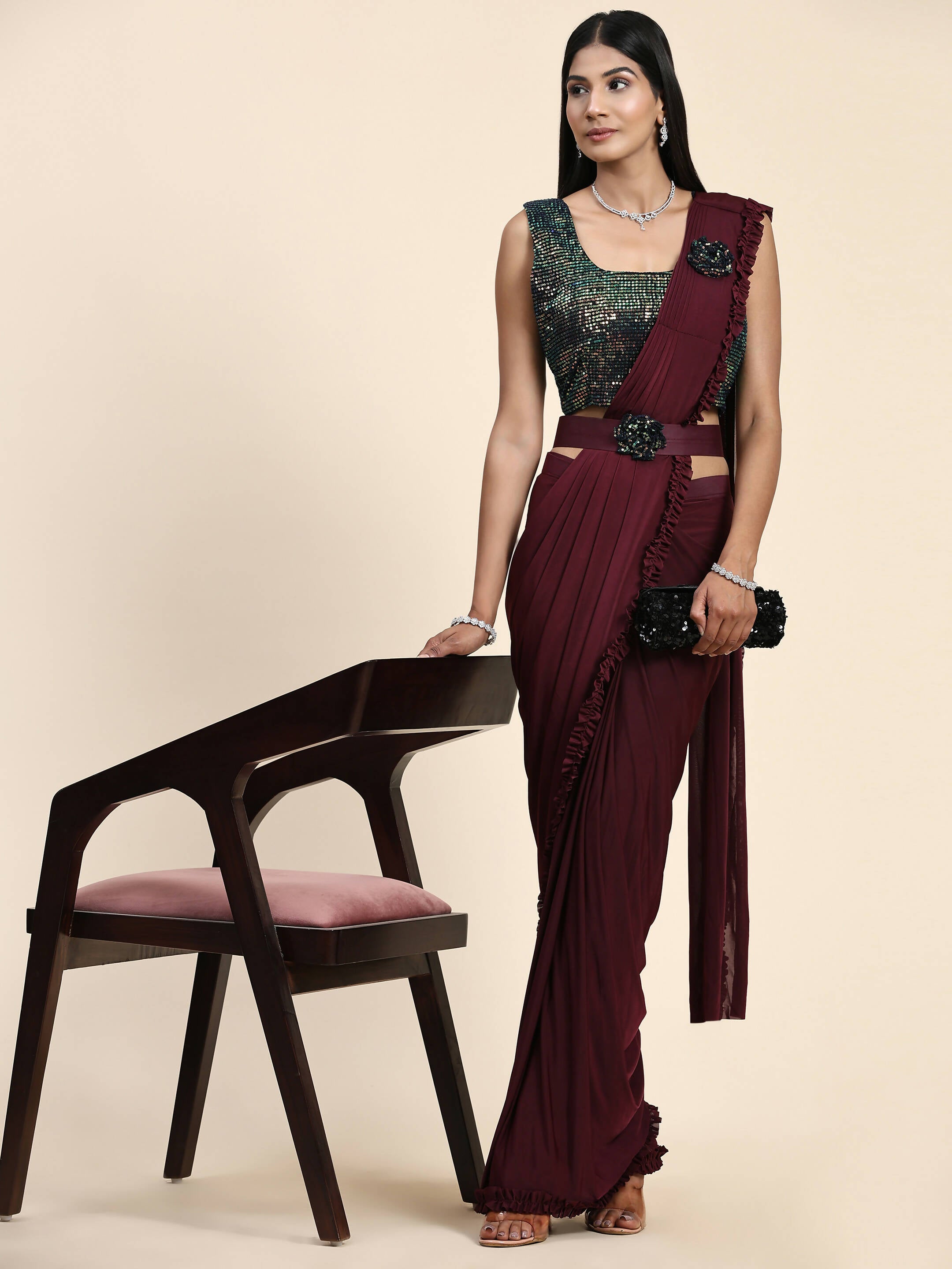 Maroon Imported Fabric Plain Ready to wear Saree with stitched Blouse - Vrinda - Distacart