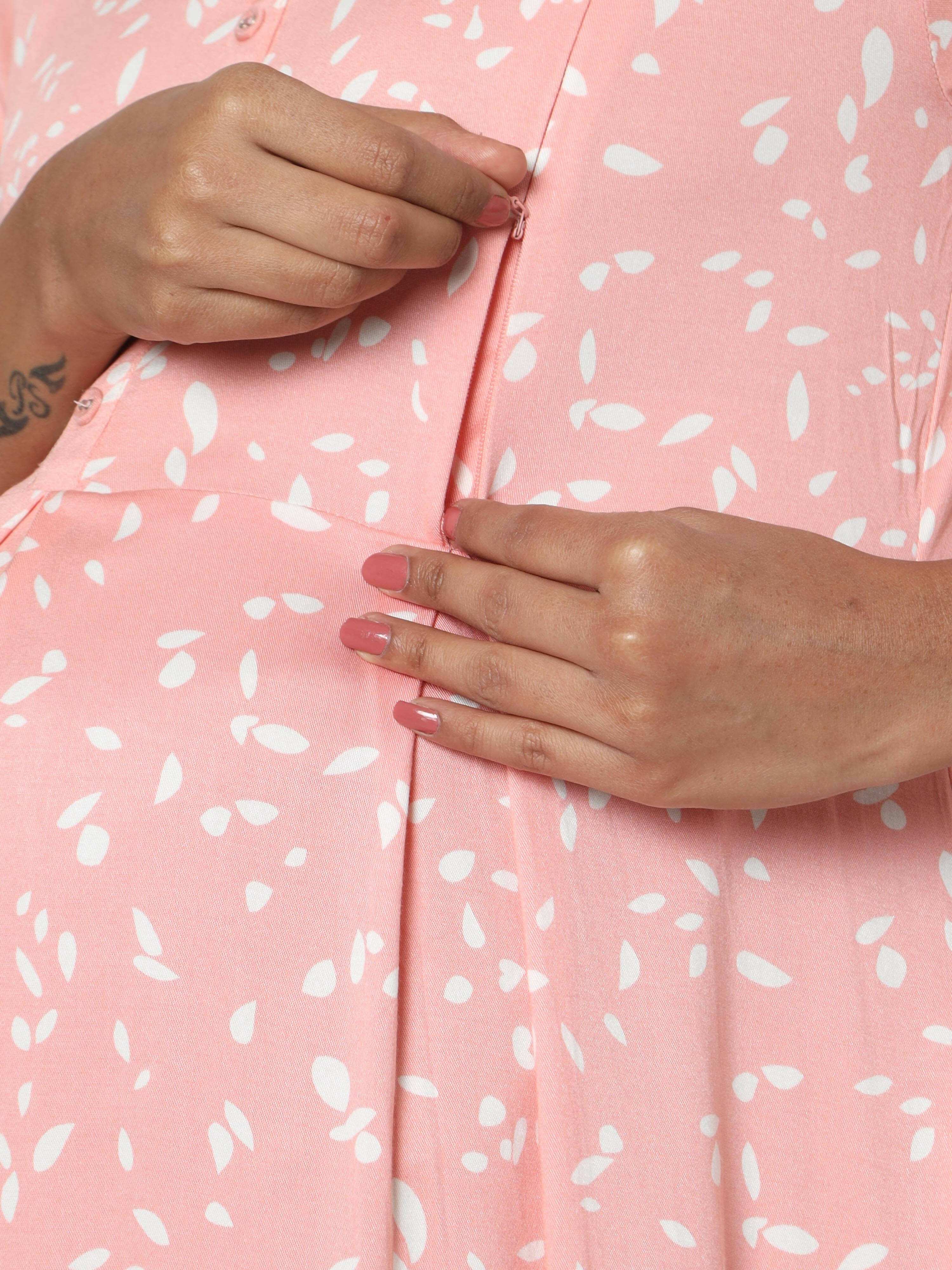 Manet Three Fourth Maternity Dress White Dot Print With Concealed Zipper Nursing Access - Pink - Distacart