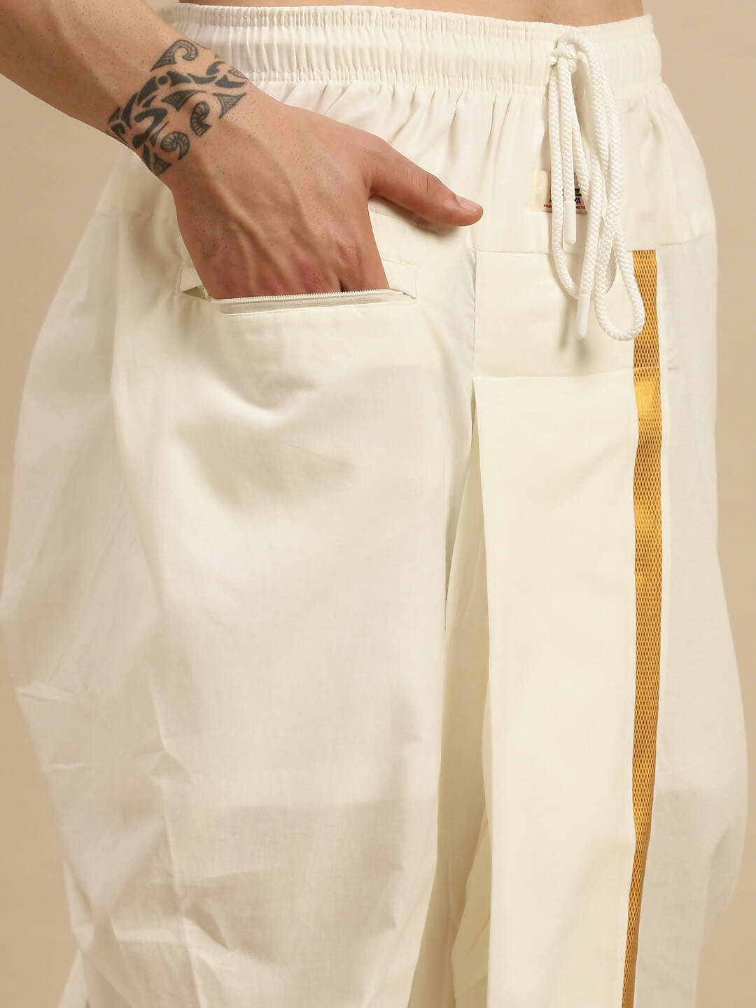 Ramraj Cotton Premium Wedding Cream Readymade Panchakacham,Kurta & Towel Set RP Jari - Distacart