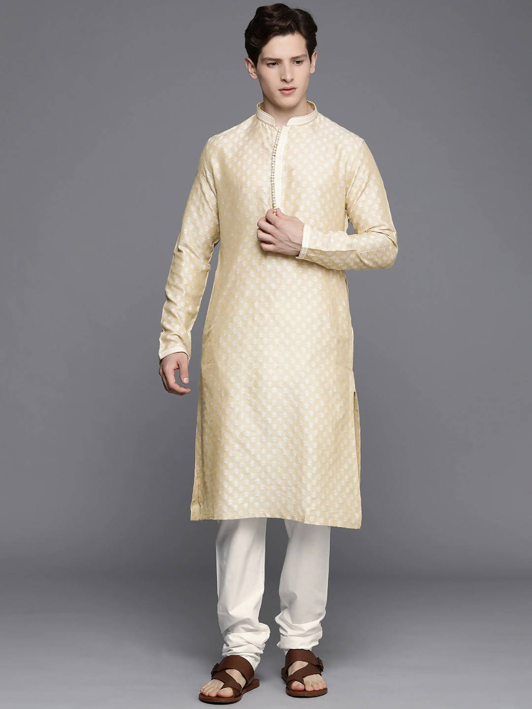 Manyavar Men Beige Ethnic Motifs Regular Thread Work Art Silk Jacquard Kurta with Churidar - Distacart