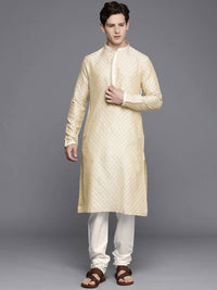 Thumbnail for Manyavar Men Beige Ethnic Motifs Regular Thread Work Art Silk Jacquard Kurta with Churidar - Distacart