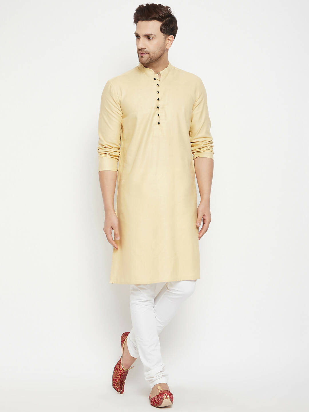 Even Apparels Beige Pure Cotton Long Men's Kurta With Band Collar - Distacart