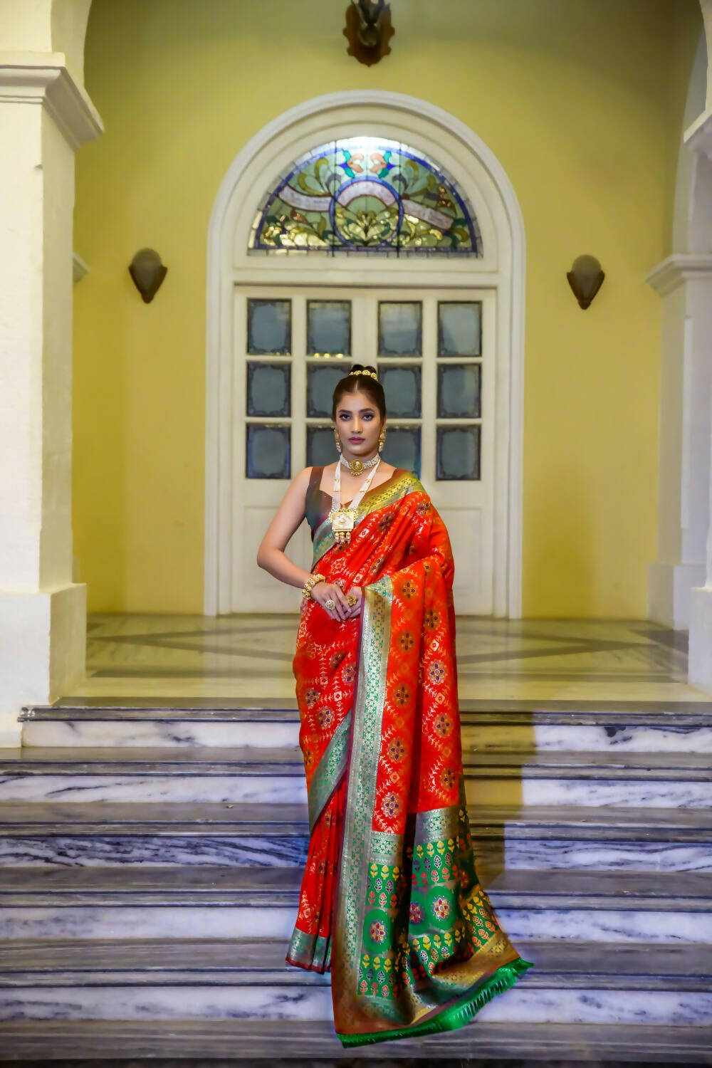 Vishnu Weaves Women's Red Patola Banarasi Silk Meenakari Zari Woven Saree with Blouse - Distacart