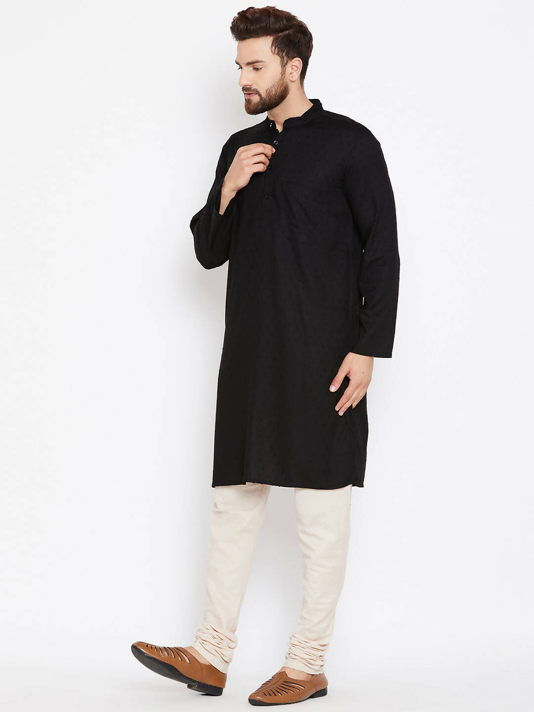 Even Apparels Black Pure Cotton Band Collar Men's Kurta - Distacart