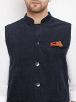 Thumbnail for Even Apparels Navy Polyester Men's Nehru Jacket-Contrast Lining-Inbuilt Pocket Square - Distacart