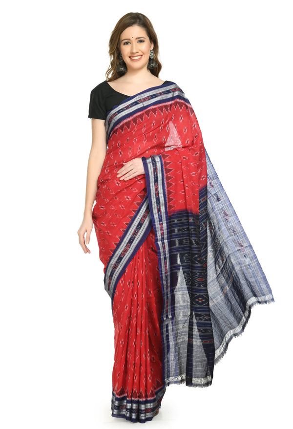 Vamika Sambalpuri Ikat Cotton Dehabandha Badafula Red & Blue Saree - Distacart