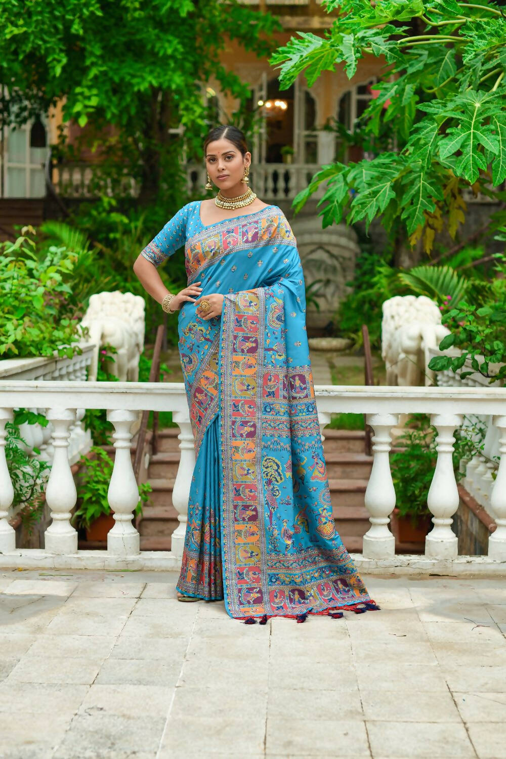 Vishnu Weaves Women's Firozi Banarasi Silk Kashmiri Woven Saree with Blouse - Distacart
