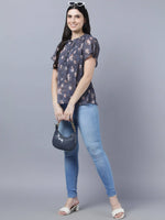 Thumbnail for Myshka Women Charcoal Grey Peach-Coloured Floral Print Tie-Up Neck Georgette Top - Distacart