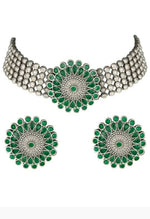 Thumbnail for Mominos Fashion Johar Kamal Oxidised Silver-Plated Brass Finish Kundan Choker For Women (Green) - Distacart