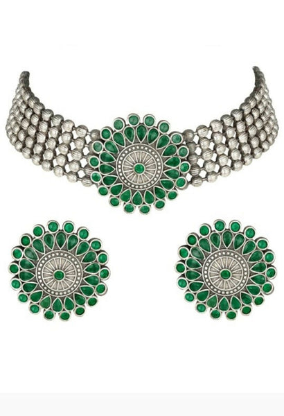 Mominos Fashion Johar Kamal Oxidised Silver-Plated Brass Finish Kundan Choker For Women (Green) - Distacart