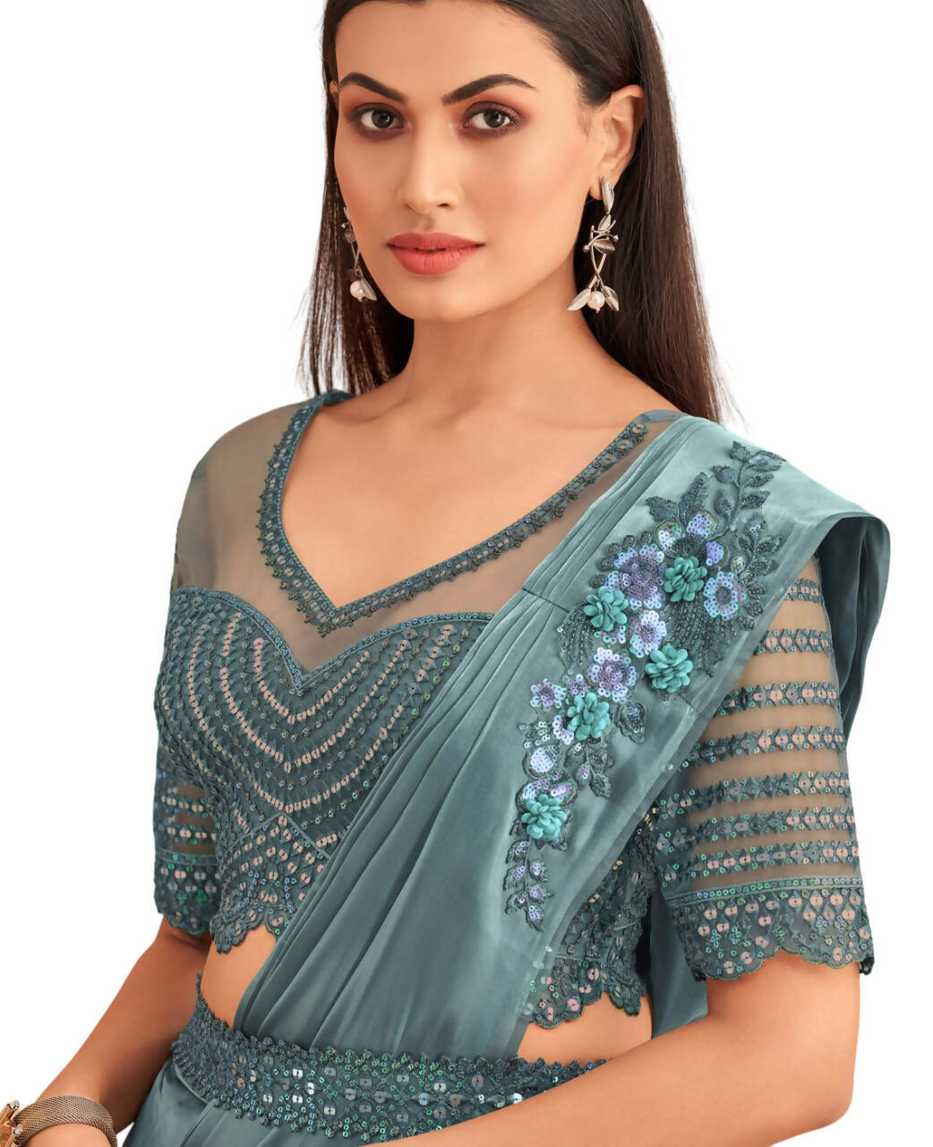 Blue Satin Embroidered Ready To Wear Saree With Unstitched Blouse Piece - Nandika - Distacart