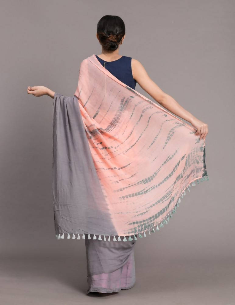 Suta Peach-Coloured Grey Tie Dye Pure Cotton Saree - Distacart