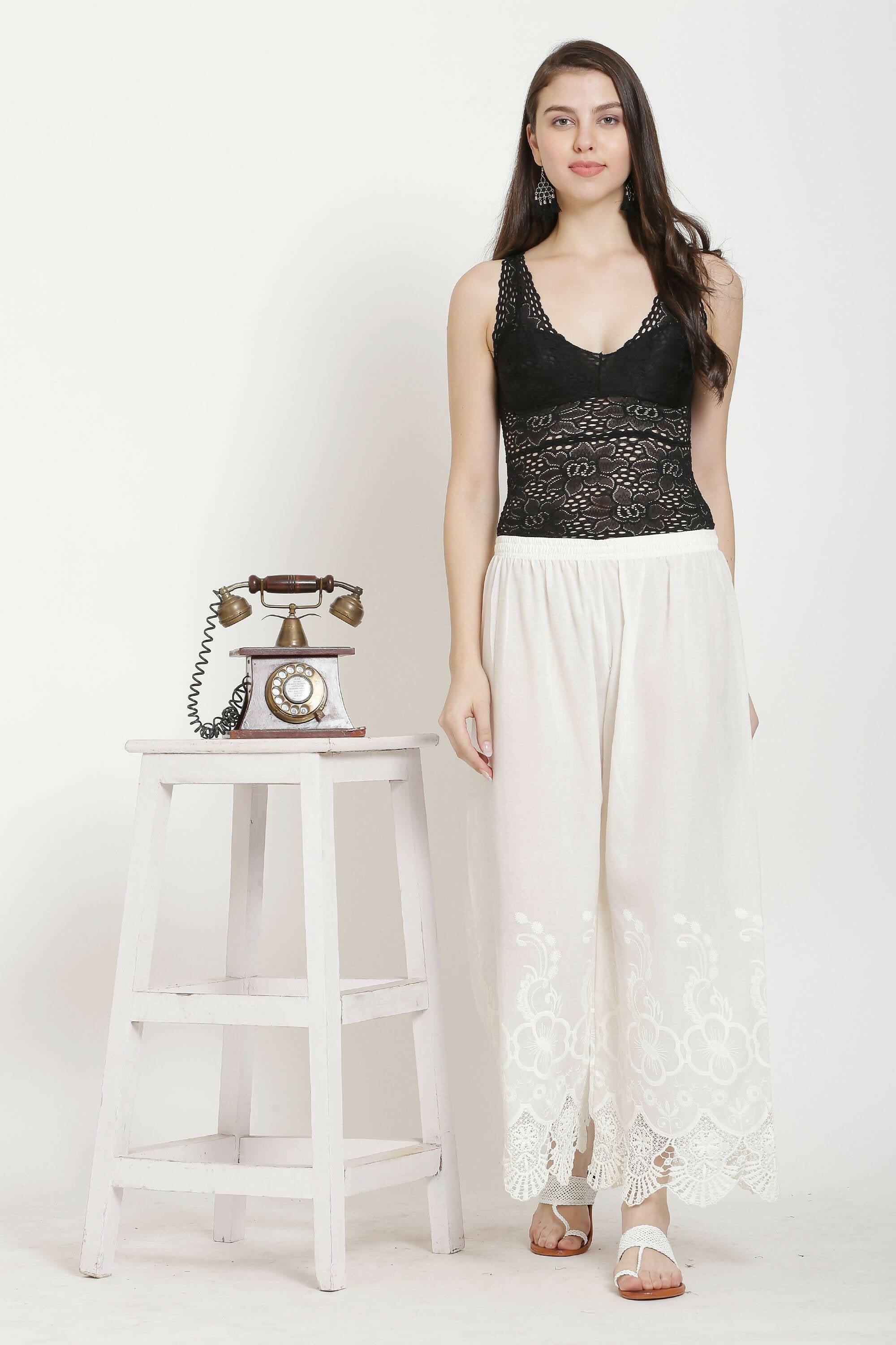 PAVONINE White Color Chikankari Lace Scalloped Hem Cotton Fabric Sharara - Distacart